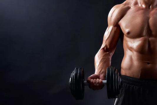 Uomo fa allenamento con pesi per sviluppo muscolare